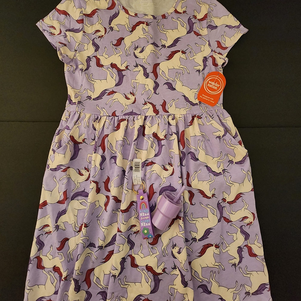NWT Wonder Nation Casual Purple Unicorn Dress, Girls XL, Mini Tumbler, Key Chain